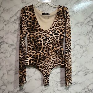 Naked Wardrobe Cheetah Animal Print Long Sleeve Bodysuit Size M